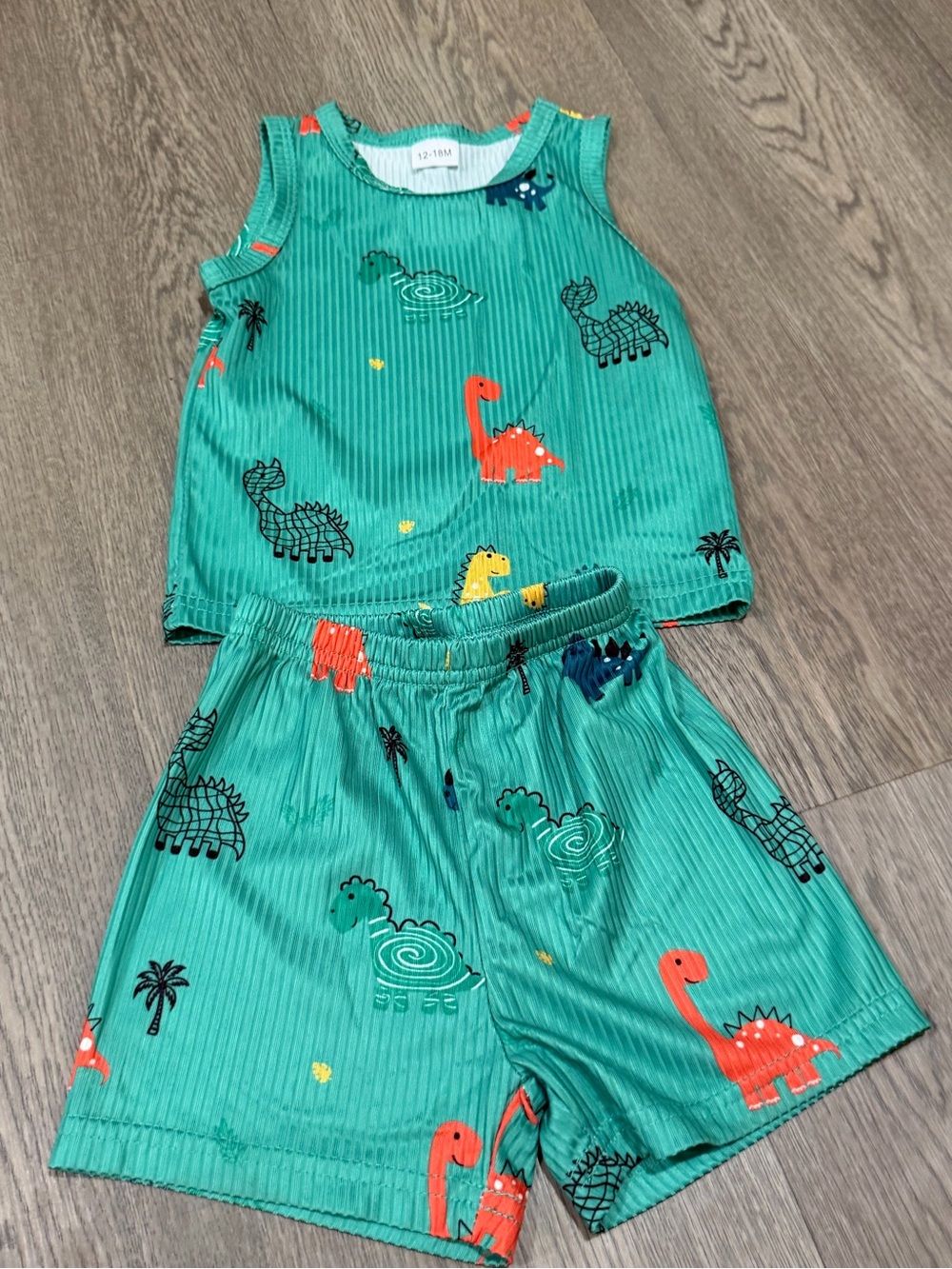 2Pcs Baby Boy Summer Toddler Ribbed Tank Top Short Green Dinosaur Set 12-18 M
